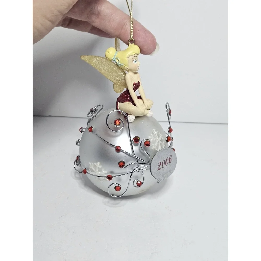 Disney Tinker Bell Sitting on Silver Ball Christmas Ornament Red Glitter 2006